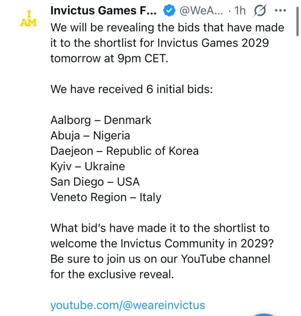 Possible locations for the 2029 Invictus Games