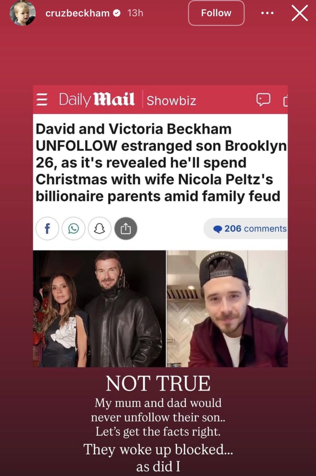 Cruz Beckham dispels rumors that his parents David & Victoria unfollowed Brooklyn on social media amid ongoing family feud reports: “My mum and dad would never unfollow their son.. Let’s get the facts right. They woke up blocked… as did I” Cruz Beckham dispels rumors that his parents David & Victoria unfollowed Brooklyn on social media amid ongoing family feud reports: “My mum and dad would never unfollow their son.. Let's get the facts right. They woke up blocked... as did I”
