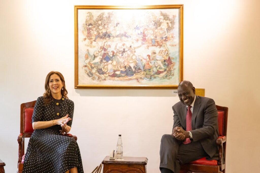 Queen Mary of Denmark in Kenya chatting with the President and visiting a nearby landfill