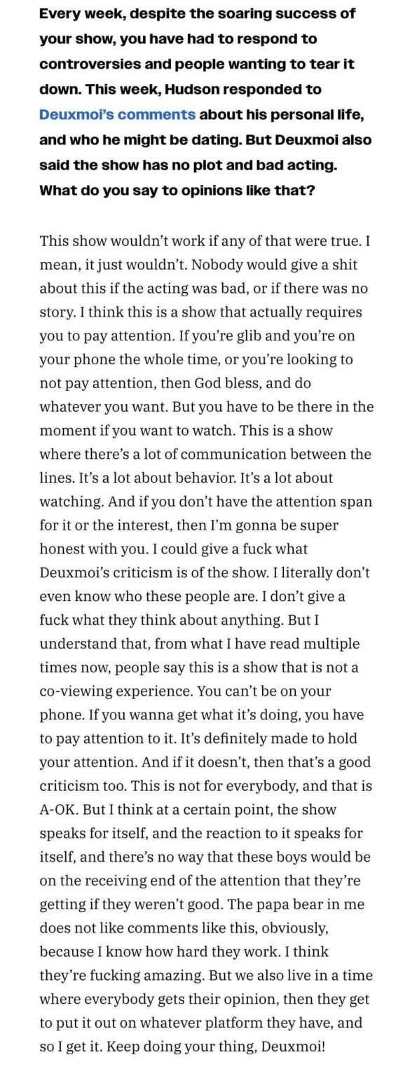 Heated Rivalry showrunner Jacob Tierney responding to Deuxmoi criticizing the show in a recent post