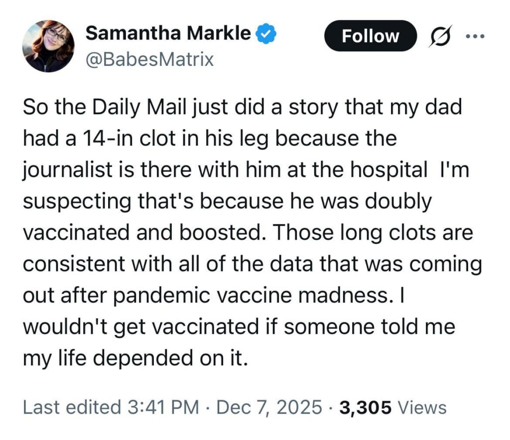 Samantha Markle claims her and Meghan’s dad Thomas’ blood clot caused by him getting Covid vaccinations…