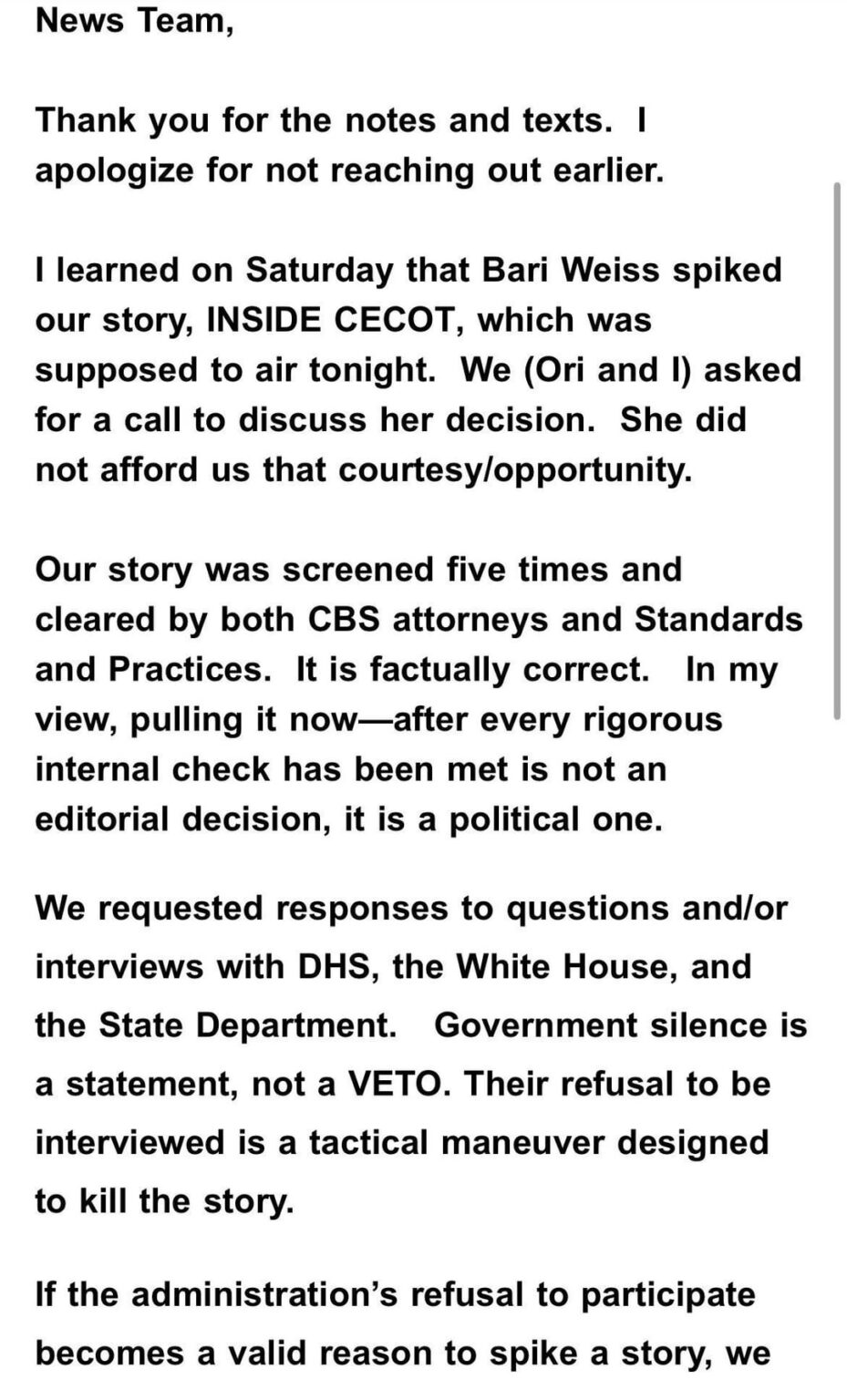 Email shared to colleagues by Sharyn Alfonsi, journalist behind Inside CECOT 60 Minutes piece pulled by CBS