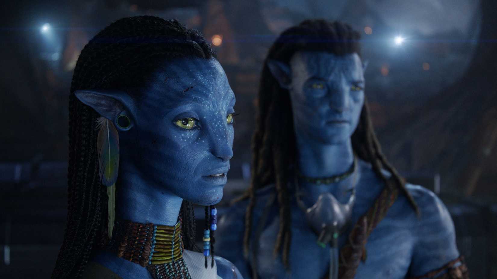 Zoe Saldaña as Neytiri and Sam Worthington as Jake Sully in Avatar: Fire and Ash