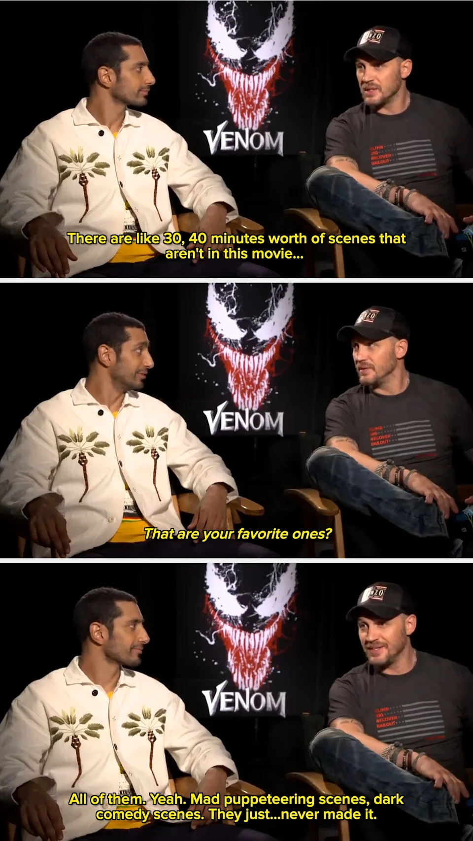 Two actors are seated in a "Venom" interview discussing cut scenes including dark comedy and puppeteering elements