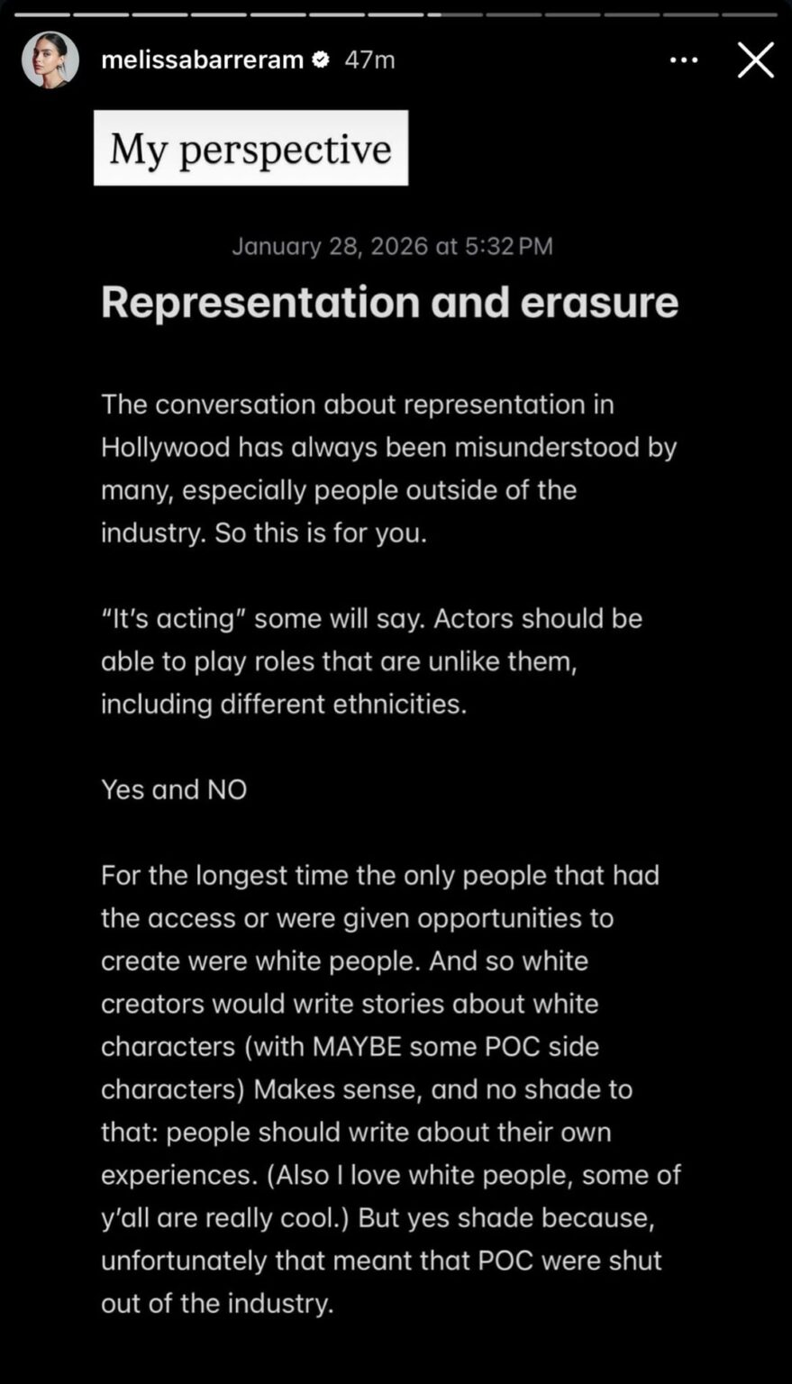 Melissa Barrera shares her thoughts on representation and erasure, seemingly in response to Odessa A'zion being cast to play a Mexican character: "if there are 100 roles out there for actors and 50 of those are written for latinos. LATINOS should play them. Give latinos the latino roles!"