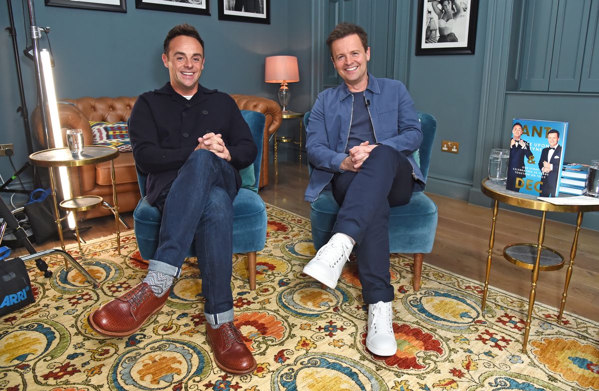 Anthony McPartlin and Declan Donnelly pose backstage at "In Conversation With Ant & Dec", a live stream celebrating 30 years in television and their new book "Once Upon A Tyne", at The London Palladium on September 11, 2020 in London, England.