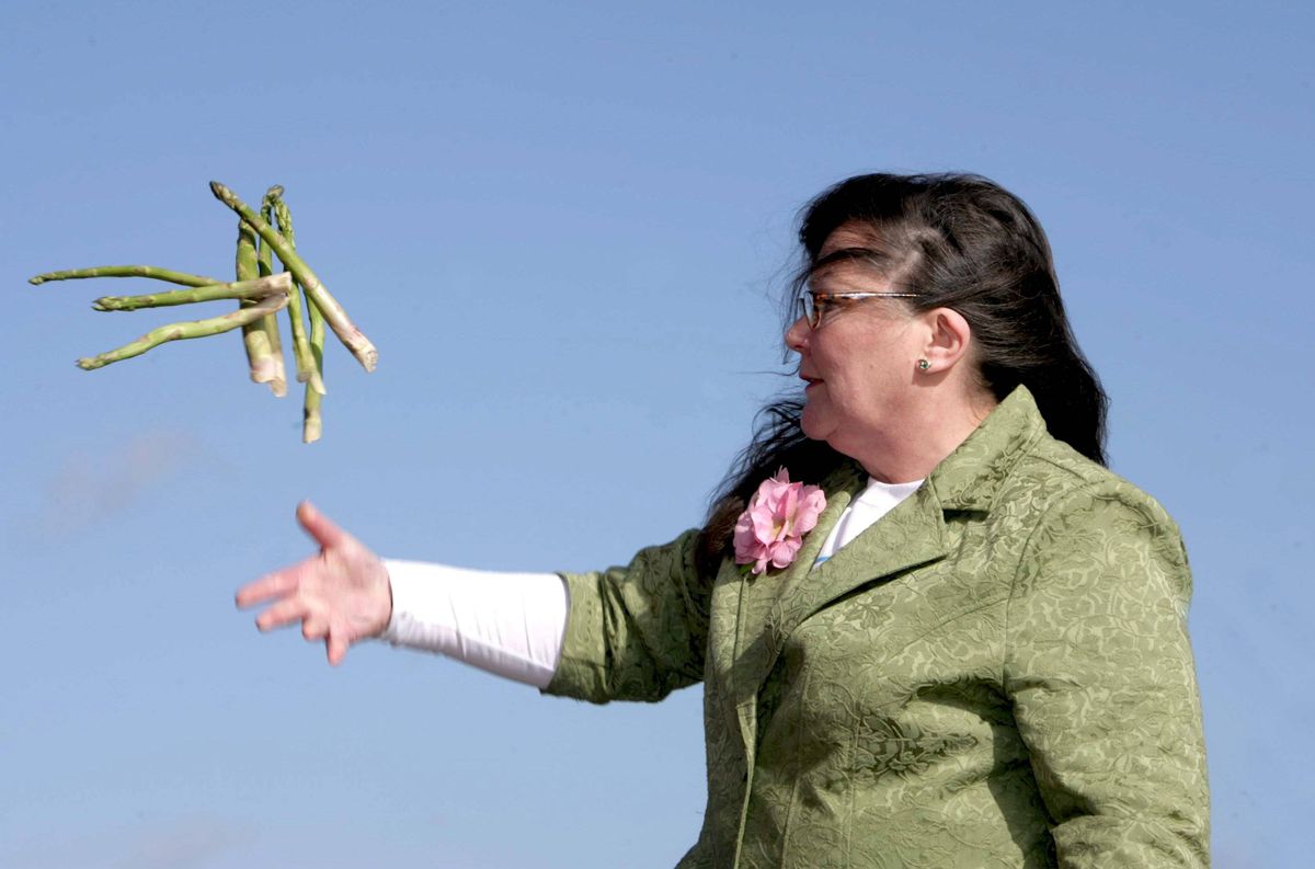 An individual in a green coat, with a white arm sleeve, is extending their arm outward while attempting to catch a small, green plant in the air against a clear blue sky.