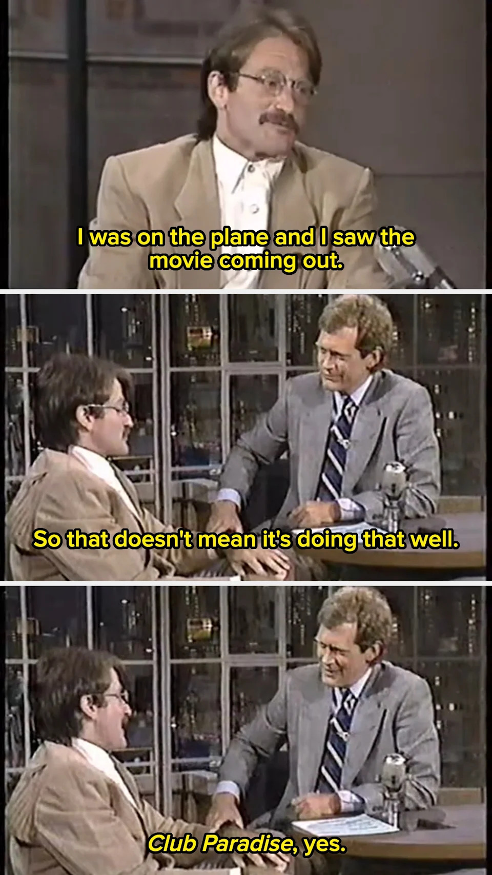 Talk show host interviews a guest. Guest mentions seeing their movie on a plane, suggesting it isn't performing well