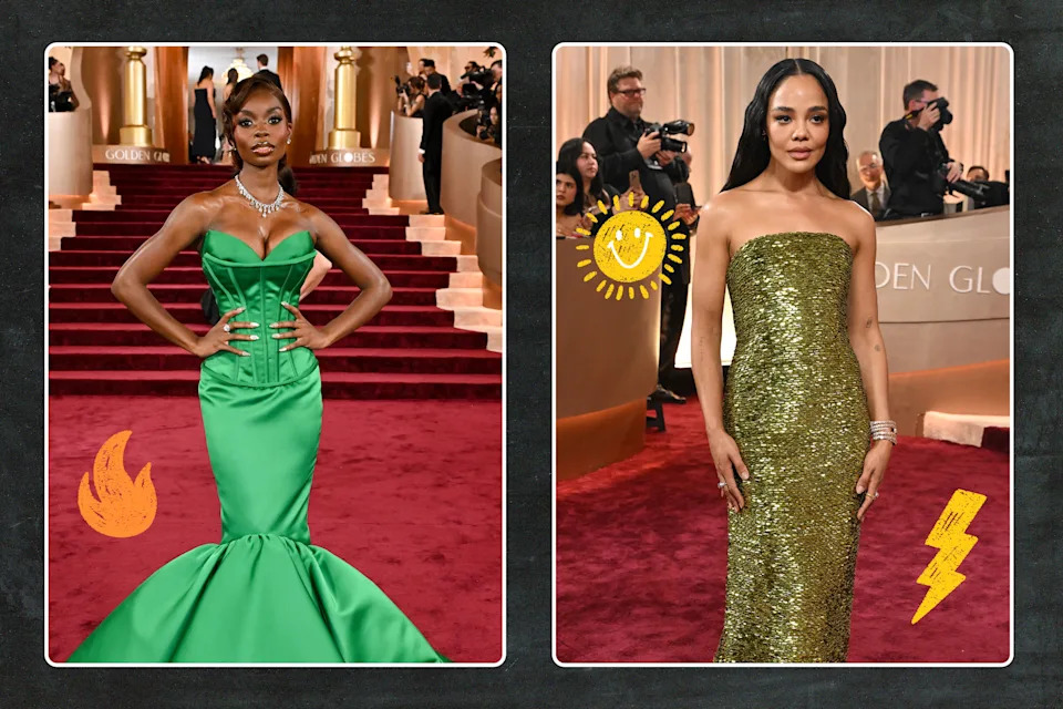 Olandria Carthen and Tessa Thompson in green gowns