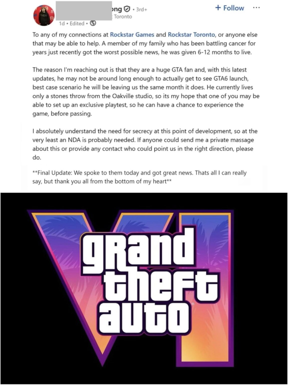 Rockstar Games accepted a terminally ill fan’s wish to play GTA 6 early after a family member publicly shared his story.