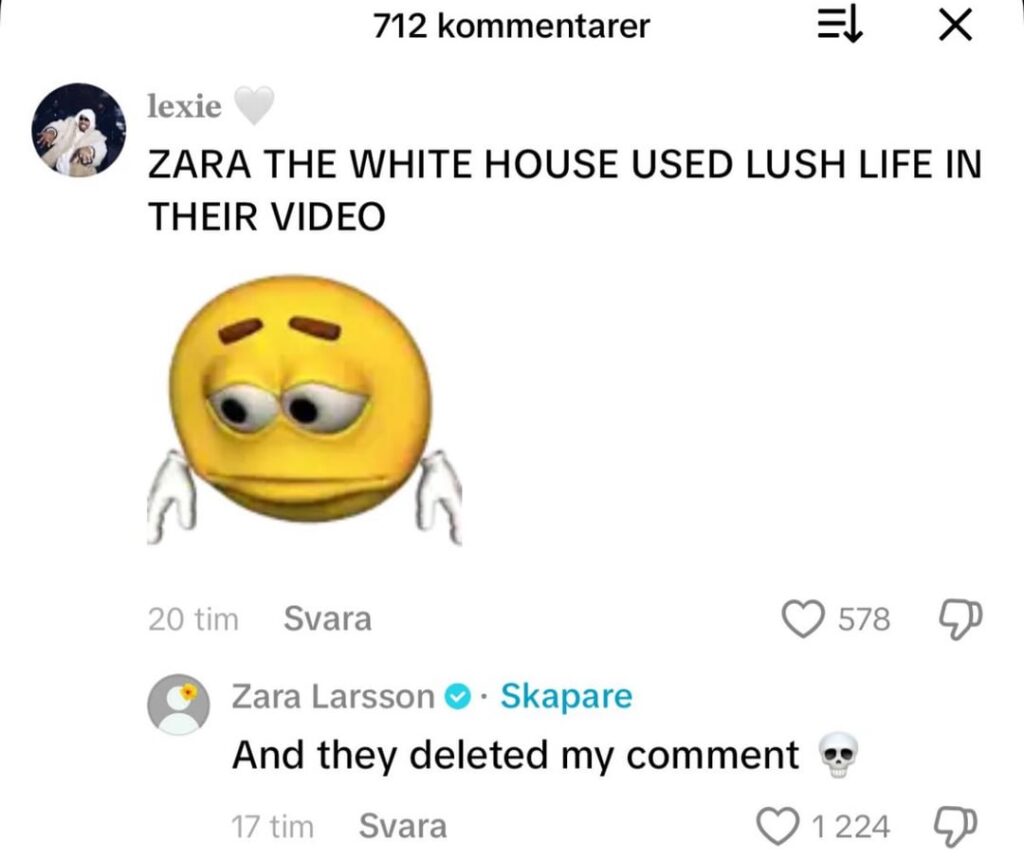 Zara Larsson responds after the White House used her song "Lush Live" in a new tiktok following her Instagram posts where she condemned ICE.