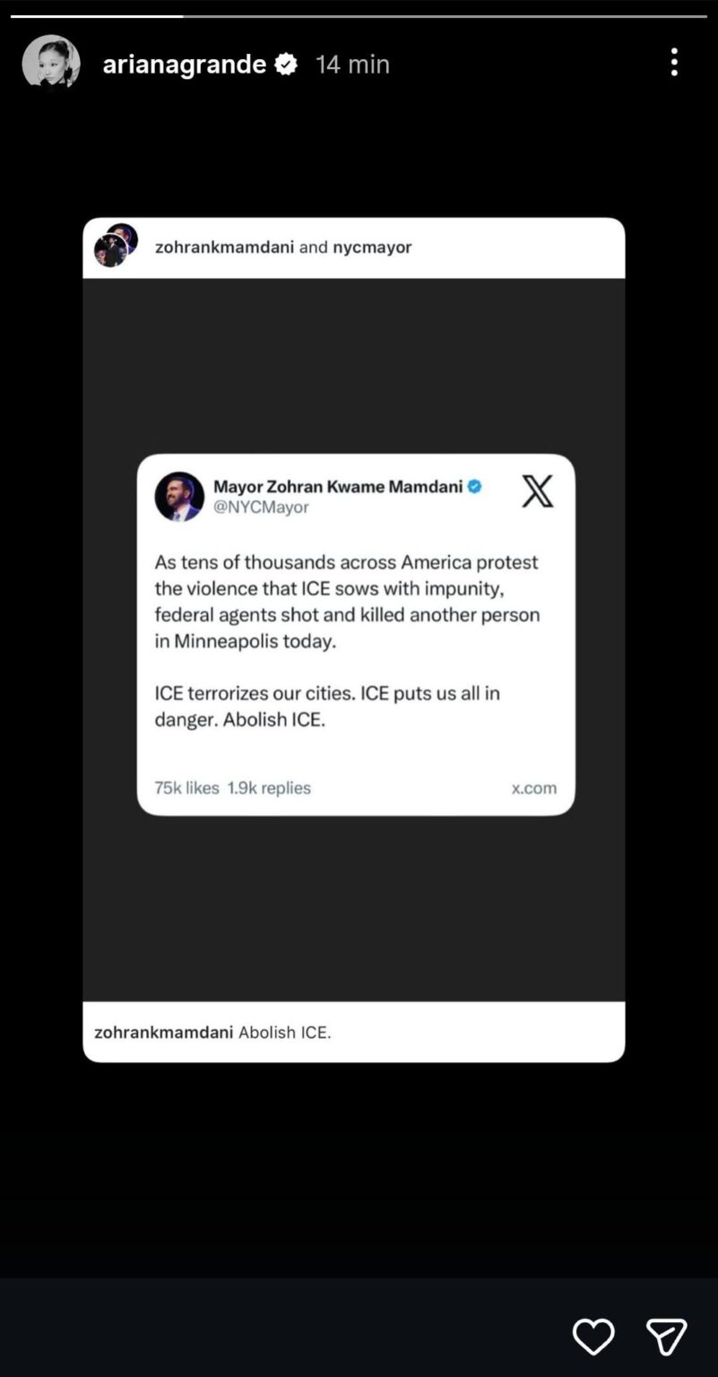 Ariana Grande shares Zohran Mamdani's instagram post demanding ICE's abolishment.