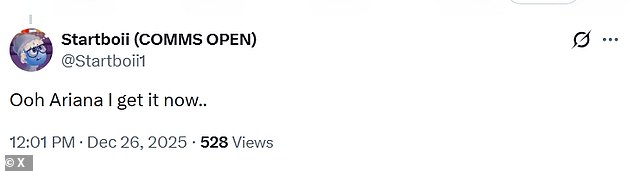 Slater's physique impressed fans like X user @Startboii1, who tweeted: 'Ooh Ariana I get it now...'