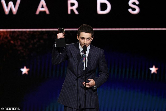 Meanwhile, during Chalamet's acceptance speech, he publicly recognized his 28-year-old mogul girlfriend Jenner as he said: 'Thank you to my partner of three years. Thank you for our foundation. I love you. I couldn't do this without you. Thank you from the bottom of my heart'