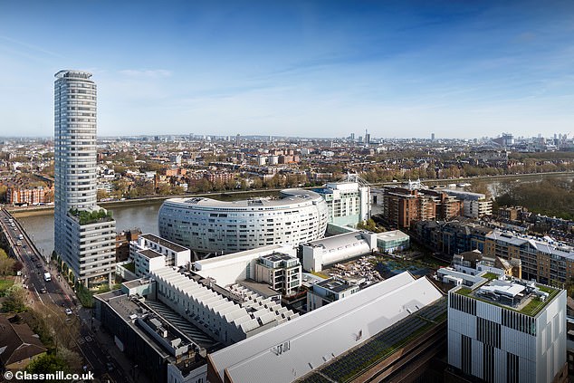 The structure's main tower would include 56 private flats and a 10-storey 'shoulder tower' containing 54 social homes, a workspace for small businesses, a community hub and a restaurant (Pictured: an artists rendition of the plans with the tower seen on the left)