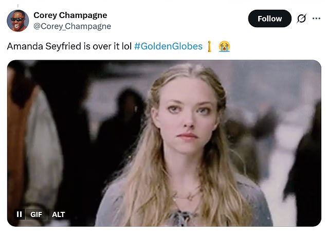 'Amanda Seyfried not paying attention and preemptively clapping because she probably didn't think she'd win is the best thing I've seen all night. I love her,' one viewer wrote