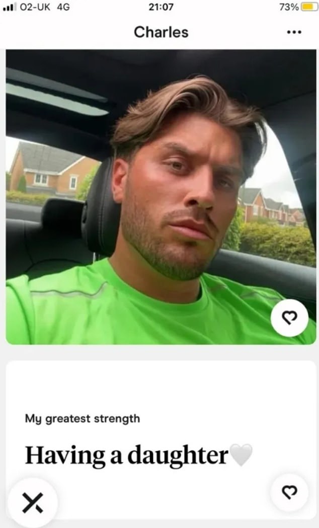 However, images now appear to show Charles' profile on a dating app, where he lists Larose, four, as his 'greatest strength'