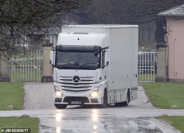 A removal lorry leaves Andrew's Royal Lodge in Windsor this week