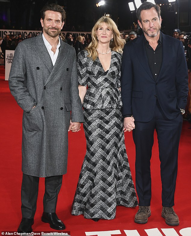 The actress, 58, who plays wife Tess Novak, looked incredible as she stepped out in a black and white, low-cut, chevron dress (pictured with Bradley and co star Will Arnett)