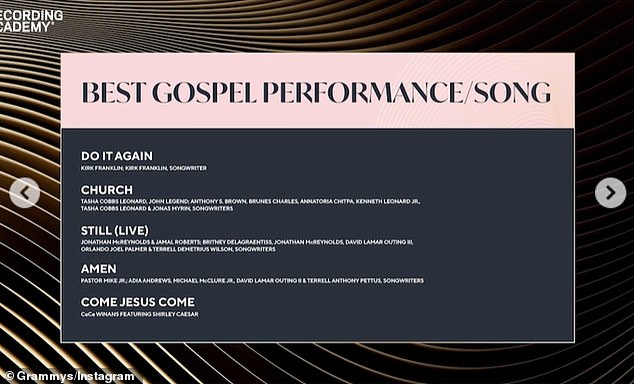 For his track Church, Legend (born Stephens) will next compete for the best gospel performance/song trophy at the 68th Annual Grammy Awards, which air February 1 on CBS/Paramount+