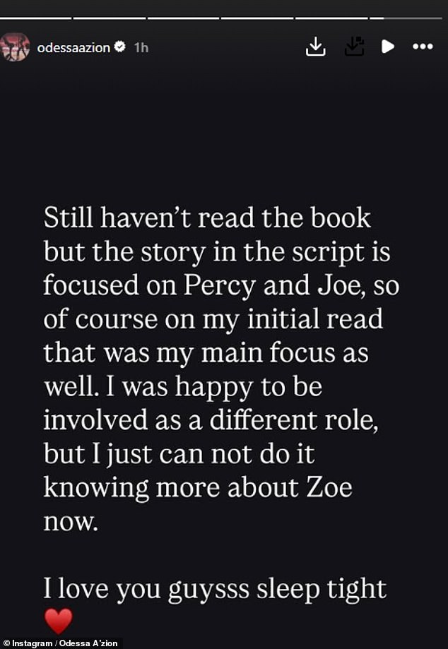 In a lengthy post on Instagram Stories, Odessa apologised to her followers and admitted she 'hadn't read' the book her role was based on
