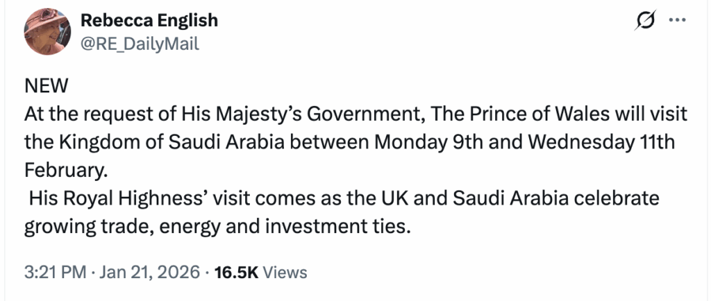 Prince William to go on official visit to Saudi Arabia on Feb 9