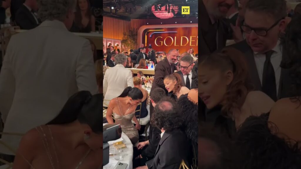 Ariana Grande says hi to Kylie Jenner, Timothée Chalamet and Odessa A'zion at the #GoldenGlobes. 🤗
