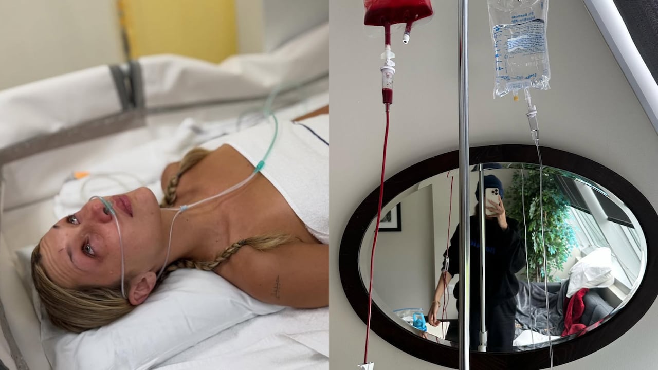 Bella Hadid lying in what appears to be a hospital bed wearing an nasal cannula, beside another image of her with an intravenous catheter in her arm.
