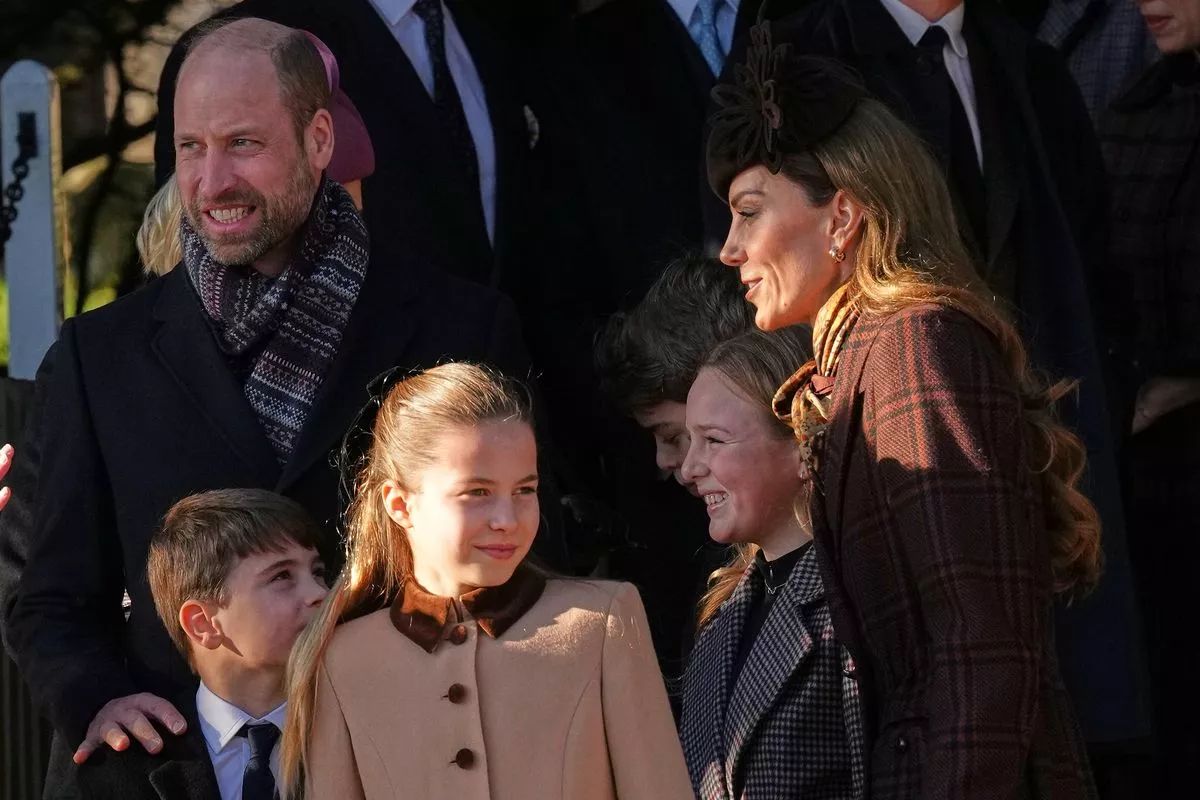 Britain's Prince William leaves with Prince Louis, from left, Princess Charlotte, Mia Tindall, and Kate, the Princess of Wales after attending the Christmas Day service at St Mary Magdalene Church in Sandringham