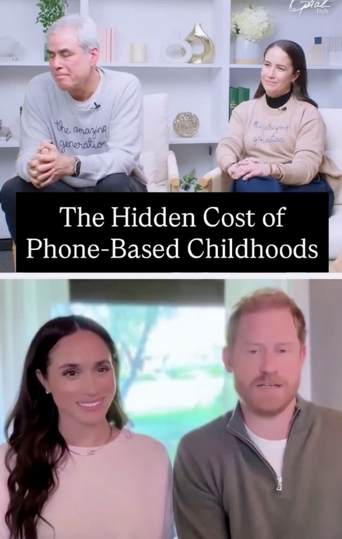 The Duke and Duchess of Sussex dialled in remotely to speak authors Jonathan Haidt (top left) and Catherine Price (top right)