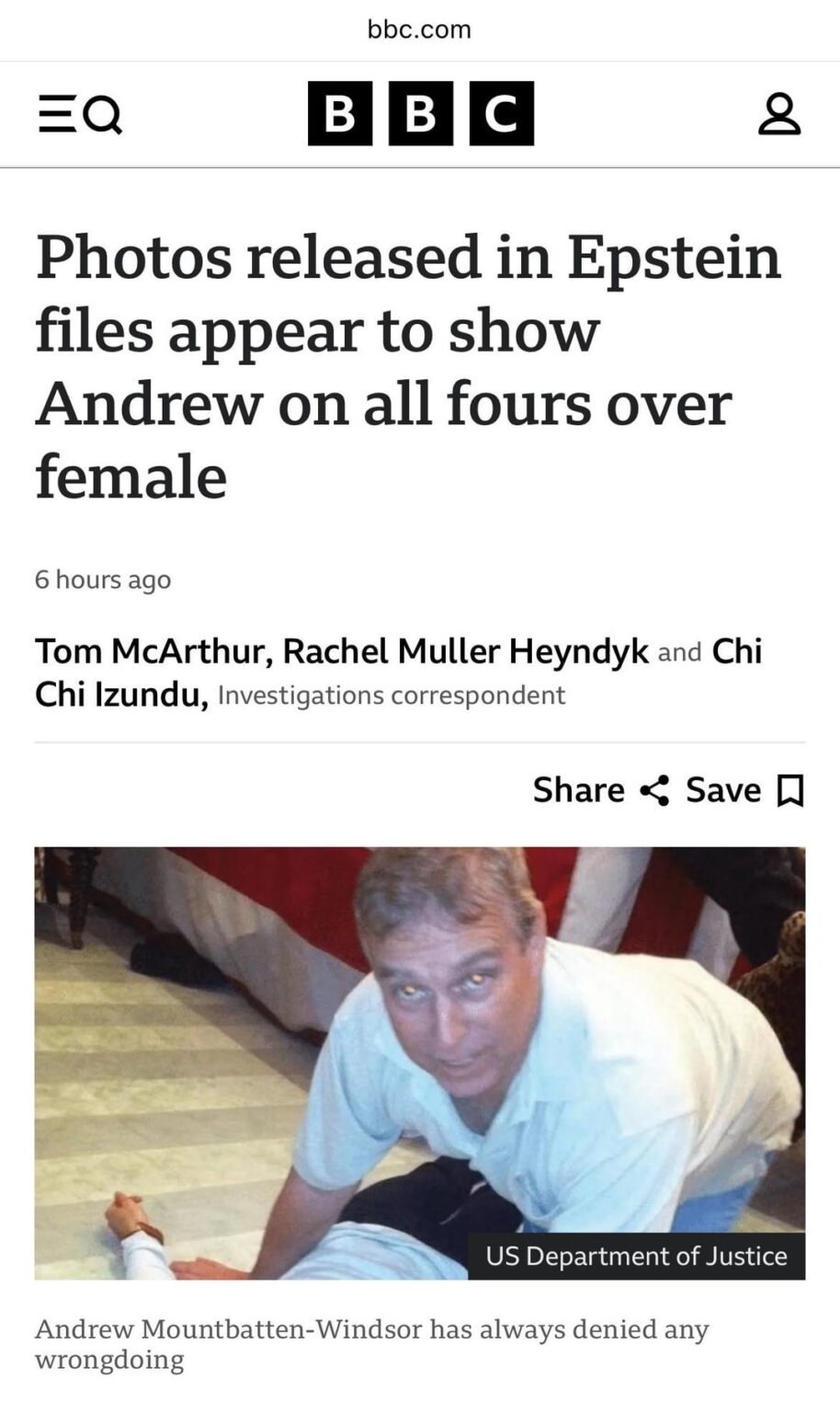 Photos released in Epstein files appear to show Andrew Mountbatten-Windsor on all fours over a child