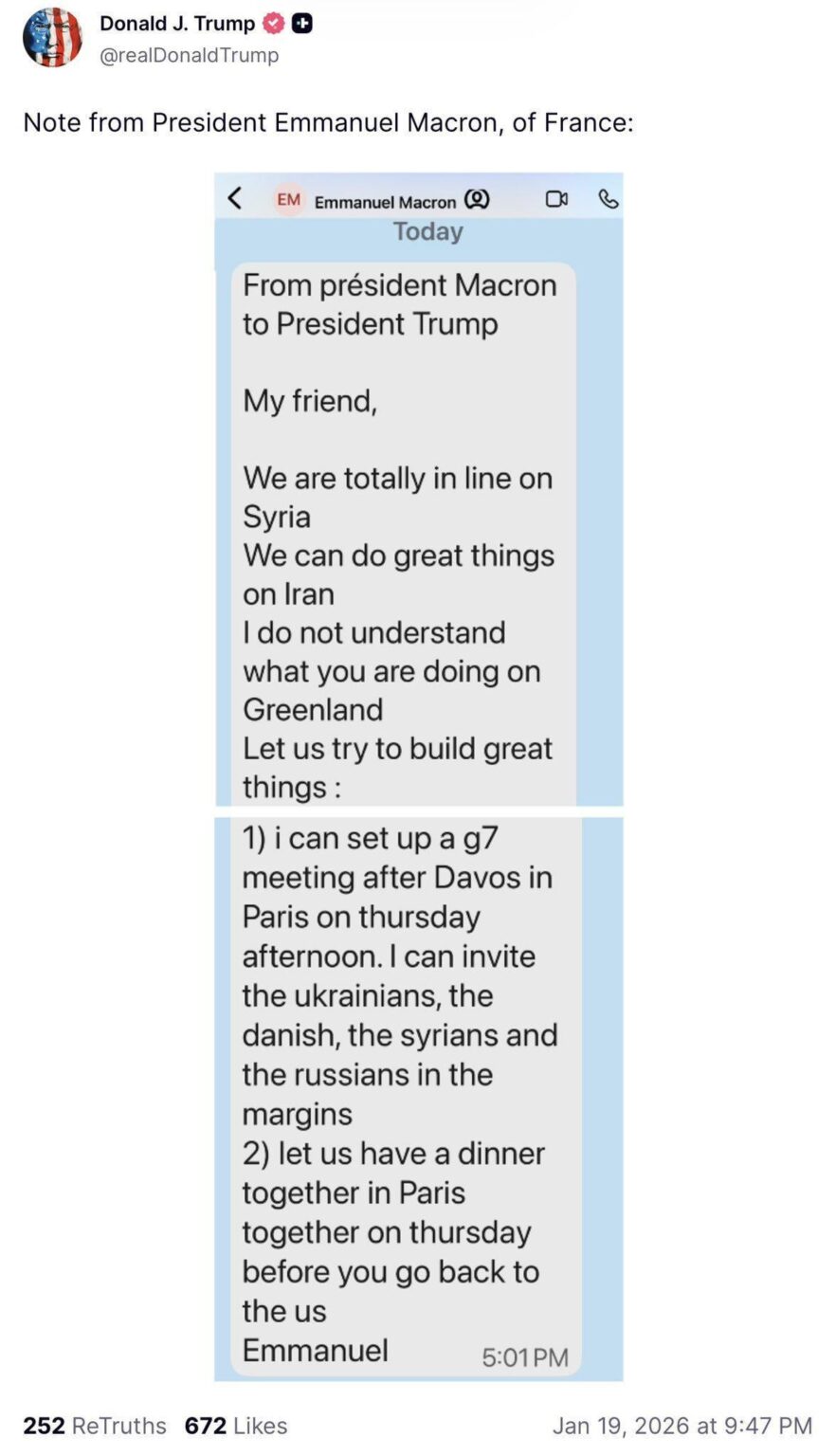 Macron's private messages saying "we can do great things in Iran & Syria but let's talk about Greenland" shared by Trump.