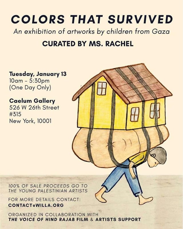 Ms. Rachel curated a New York exhibition, Colors That Survived, of artworks by children in Gaza. Proceeds from sales go to the young artists.