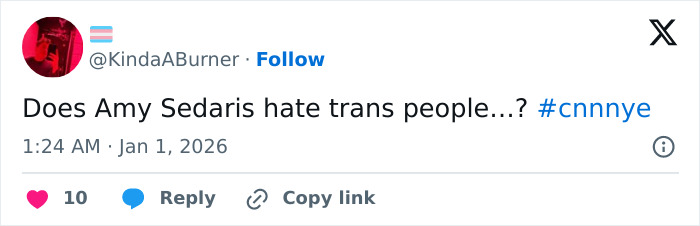 Screenshot of a tweet questioning Amy Sedaris’s transphobic jab during CNN’s New Year’s Eve broadcast.