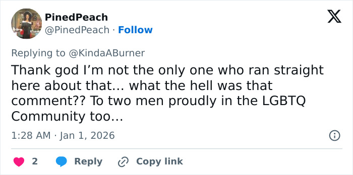 Tweet expressing shock at Amy Sedaris’s transphobic jab during CNN New Year’s Eve broadcast from an LGBTQ community member.