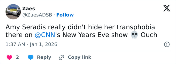 Tweet criticizing Amy Sedaris for a transphobic comment during CNN's New Year's Eve broadcast, sparking viewer backlash.