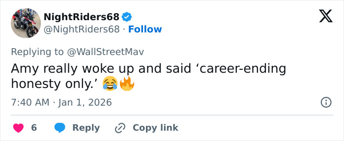 Tweet from NightRiders68 reacting to Amy Sedaris with a career-ending honesty comment during CNN's New Year's Eve broadcast.