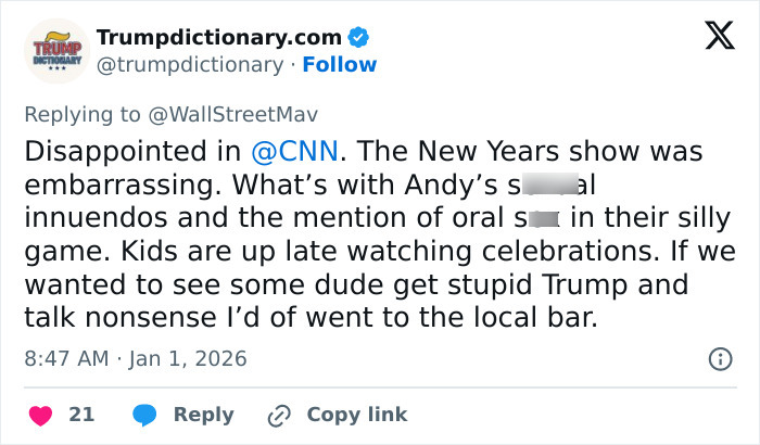 Screenshot of a tweet criticizing CNN’s New Year’s Eve broadcast for offensive content and mentioning Amy Sedaris transphobic jab.
