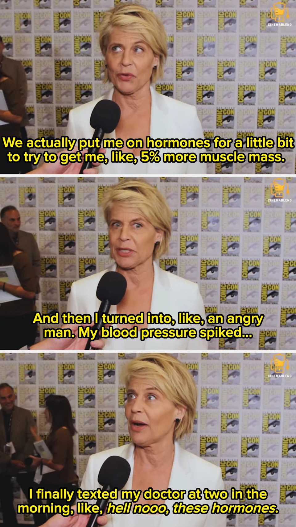 A person speaks at a Comic-Con event, discussing humorous experiences with hormones, resulting in increased muscle and feeling angry