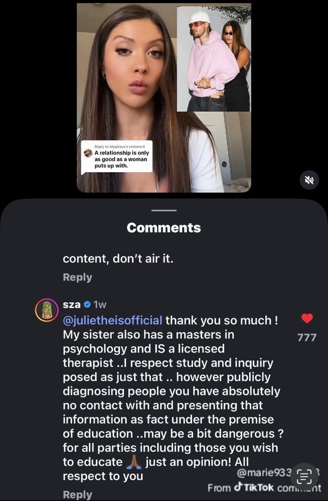SZA defends Hailey and Justin Bieber after a tiktoker made a video claiming their marriage is abusive and that Justin is an addict: "Diagnosing people you have no contact with and presenting that information as fact under the premise of education may be a bit dangerous"
