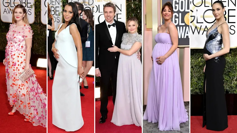 Multiple celebrities posing on the Golden Globes red carpet while pregnant, wearing a mix of flowing and fitted evening gowns.
