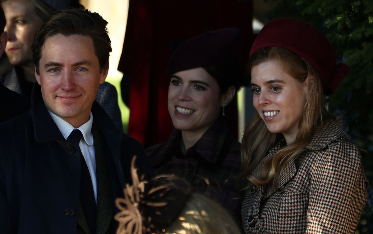 Edoardo Mapelli Mozzi (L), Princess Eugenie (C) and Princess Beatrice at Sandringham