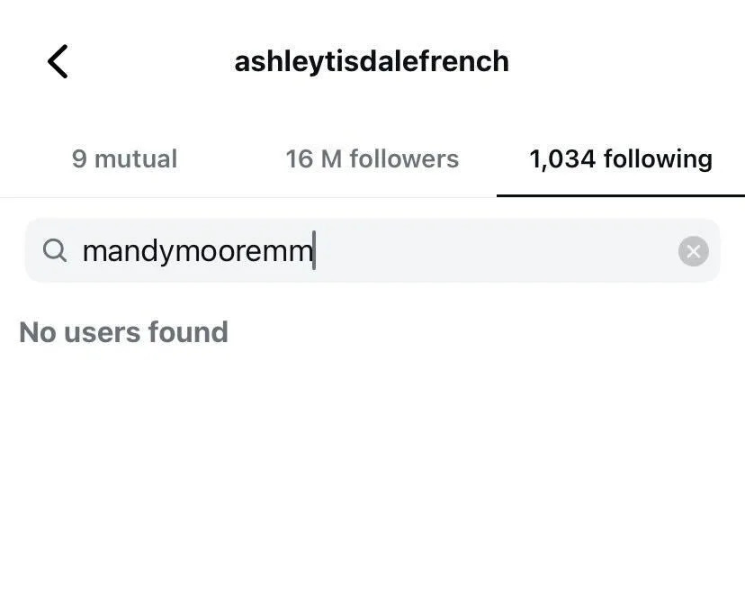 Instagram profile page showing that Ashley doesn't follow Mandy