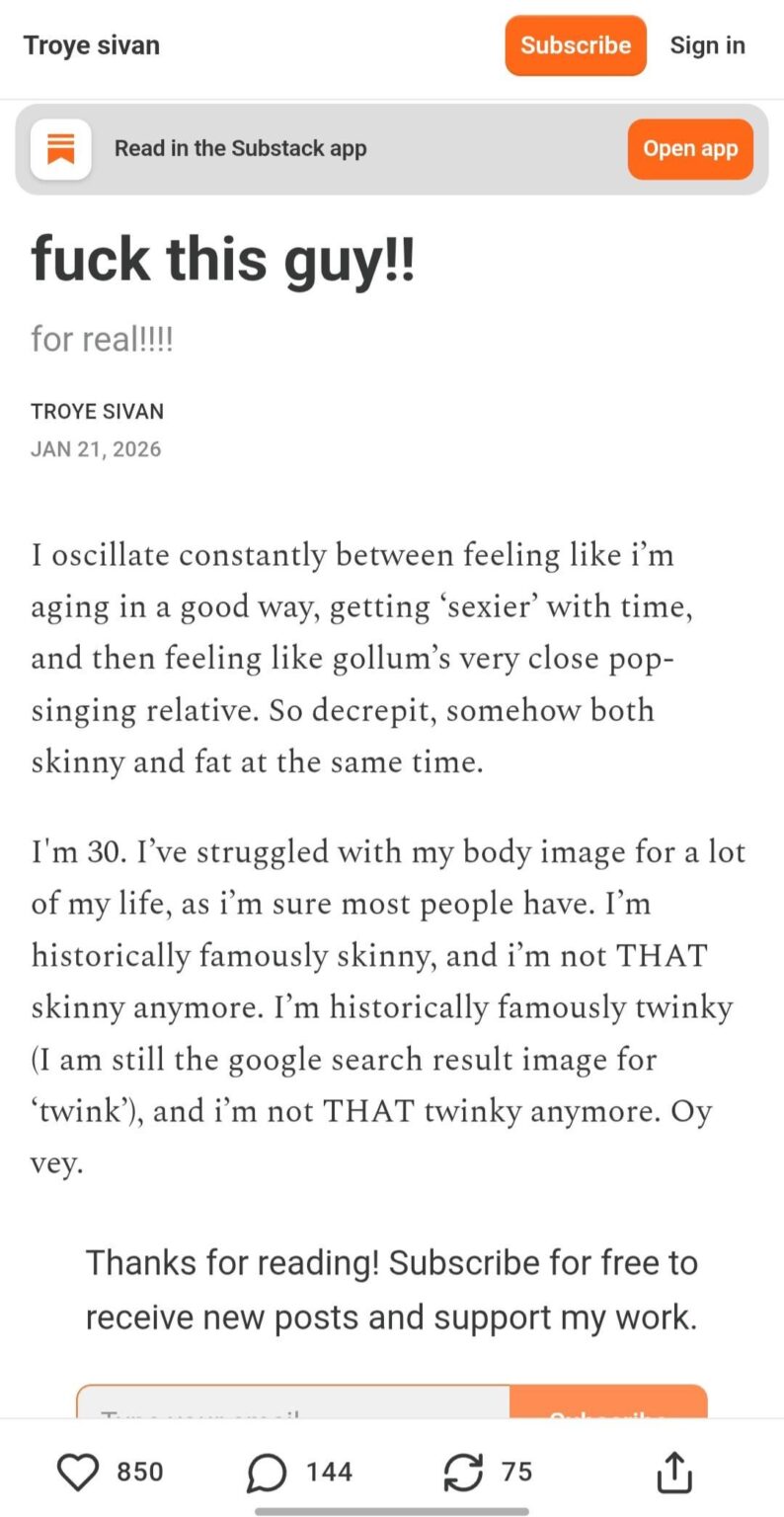 Troye Sivan published a new Substack piece about body image titled “F*ck this guy!! For real!!!!” as a response to a doctor on Instagram who gave advice on how to “re-twinkify” him.