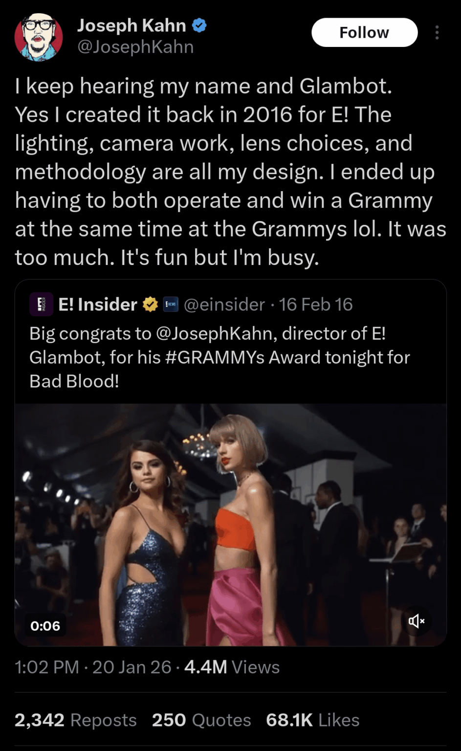 Joseph Kahn, who directed Britney Spears' Toxic, Taylor Swift's music videos revealed that he designed the Glambot for E! in 2016