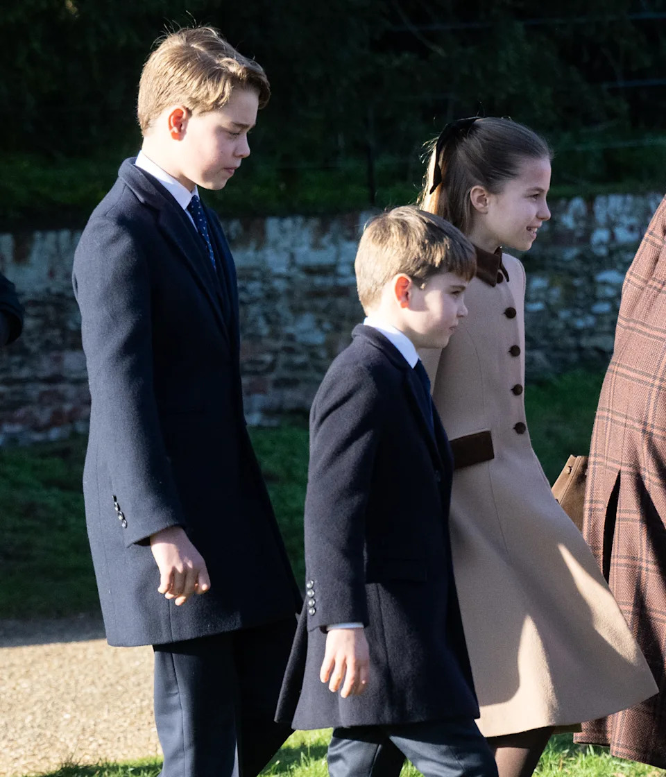 SANDRINGHAM, NORFOLK - DECEMBER 25: Prince George of Wales, Prince Louis of Wales and Princess Charlotte of Wales  attend the Christmas Morning Service at Sandringham Church on December 25, 2025 in Sandringham, Norfolk. (Photo by Samir Hussein/WireImage)