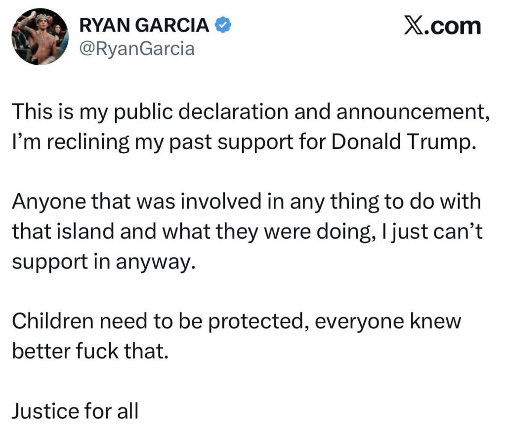 Boxer Ryan Garcia Walks Back Support For Trump Following Epstein Files