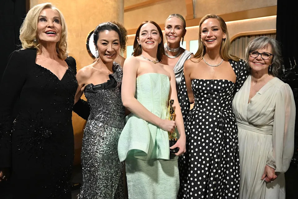Richard Harbaugh/A.M.P.A.S. via Getty  (Left-right:) Jessica Lange, Michelle Yeoh, Emma Stone, Charlize Theron, Jennifer Lawrence and Sally Field at the 96th Academy Awards in 2024