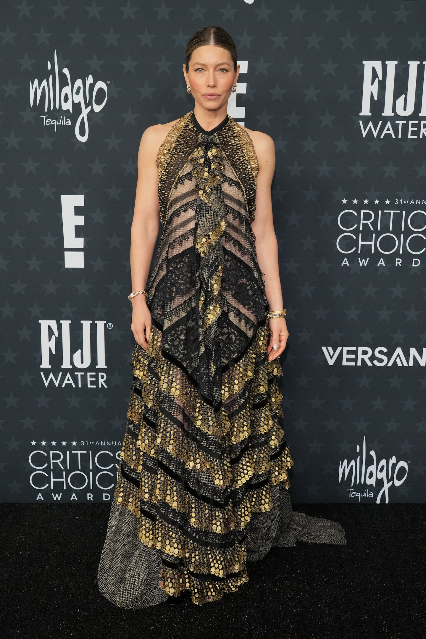 Jessica Biel arrived at the 31st Annual Critics Choice Awards on Sunday at The Barker Hanger in Santa Monica, Calif.