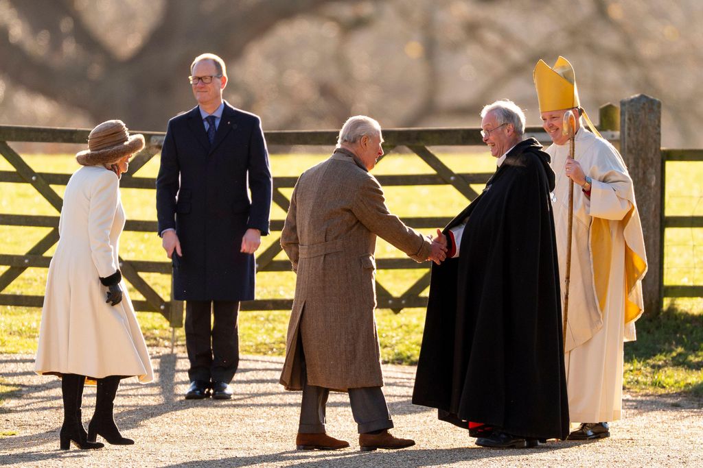 King Charles III is greeted by Revd Canon Dr Paul Williams as he arrives to attend the Sunday morning church service at St Mary Magdalene church in Sandringham, Norfolk.